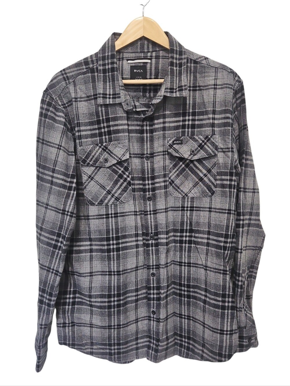 RVCA Cotton Long Sleeve Button Down Gray Flannel Shirt Size Large
